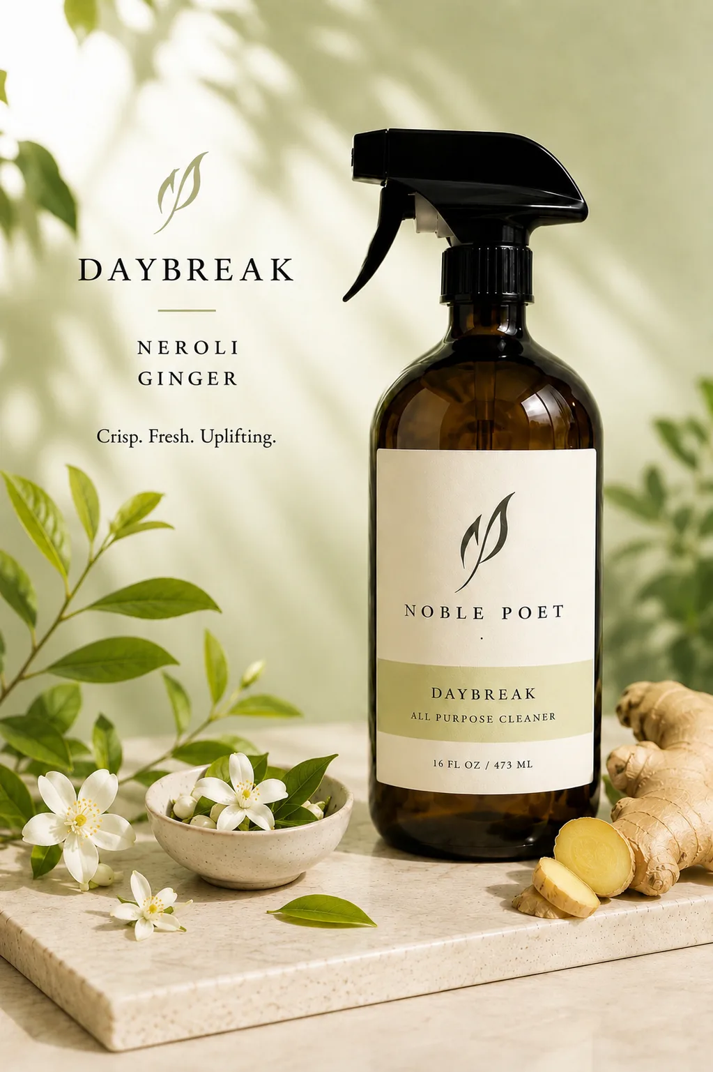 Noble Poet Daybreak All Purpose Cleaner, a Neroli and Ginger limited edition, in an amber glass bottle