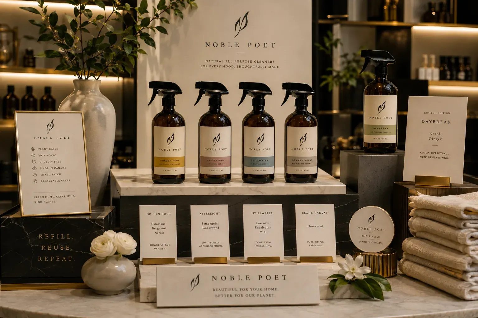 Noble Poet amber glass cleaners displayed on marble risers in a boutique