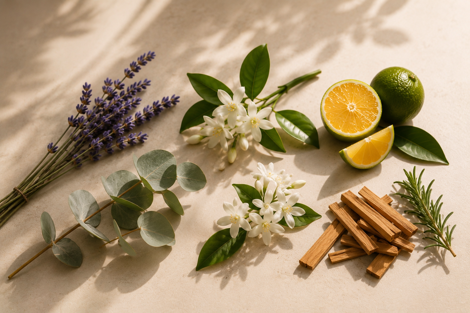 Lavender, citrus, sampaguita, eucalyptus, and sandalwood botanicals arranged in natural light