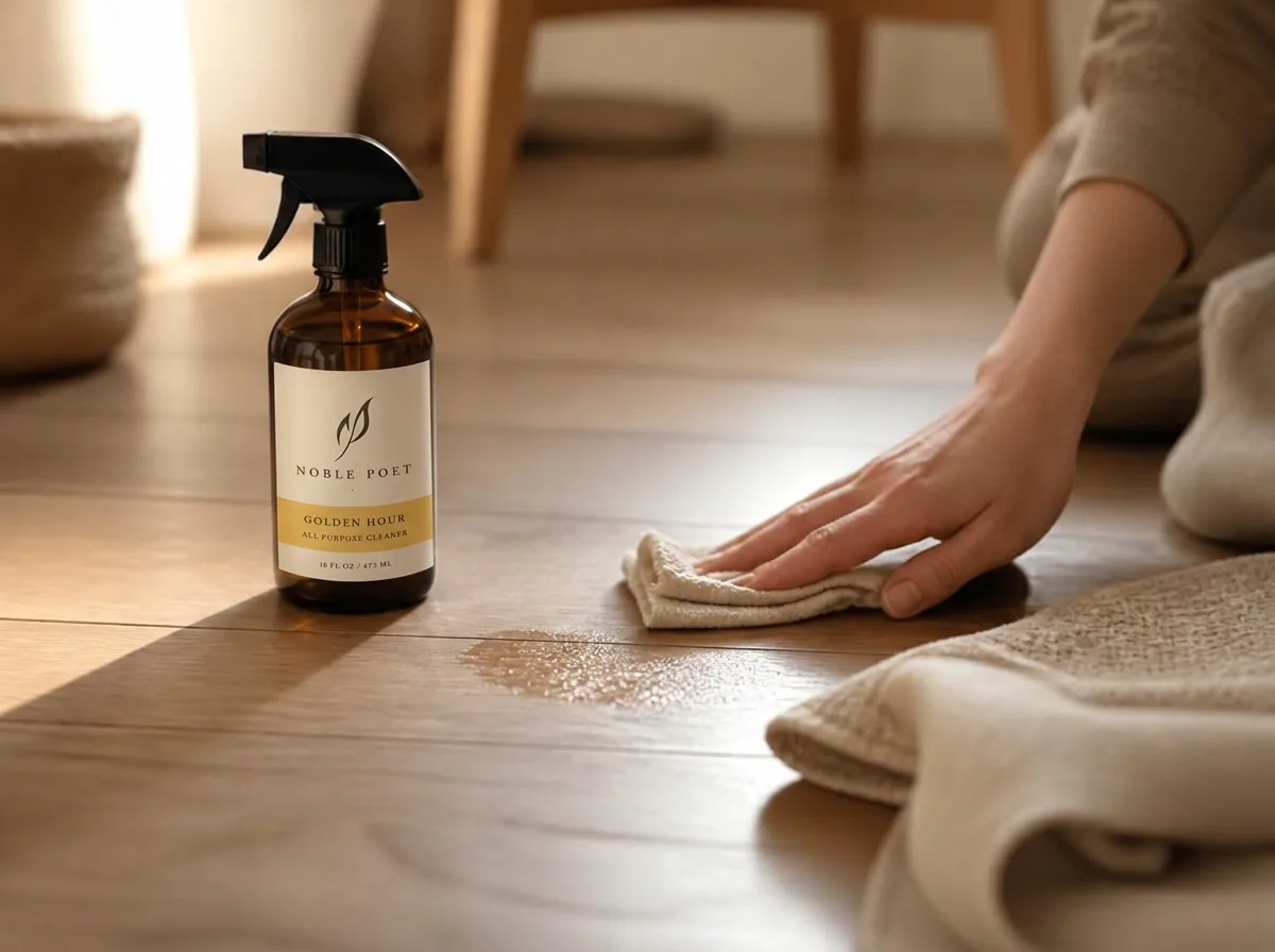 An amber Noble Poet spray bottle beside a sticky spot being wiped from a warm wood floor